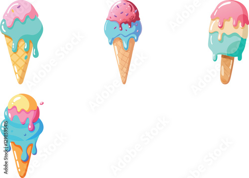 Ice cream with melted cream watercolor vector art set design on white background