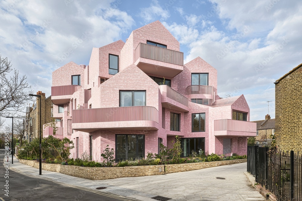 Obraz premium In the city, a modern housing development takes the form of a residential building exterior, which is an apartment tower block