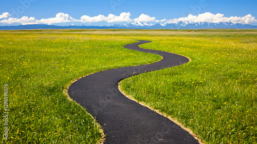Winding Road to Scenic Horizon: A winding asphalt road snakes its way through a vibrant green field, leading the eye toward a majestic mountain range under a clear blue sky.