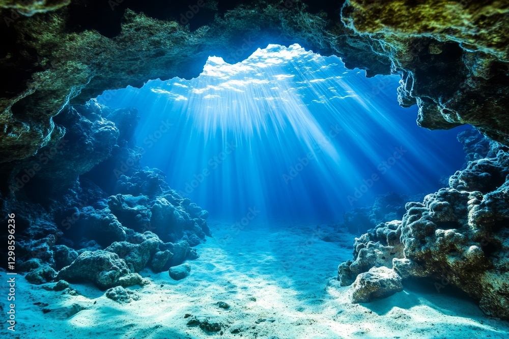 Obraz premium A reef cave illuminated by beams of sunlight breaking through the ocean surface