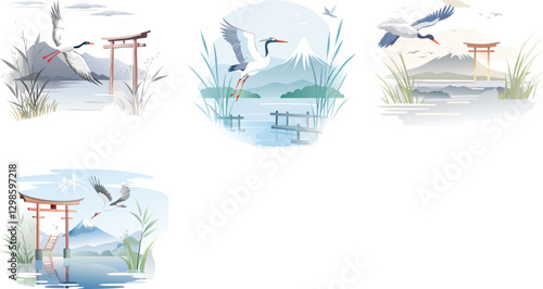 Japanese crane taking flight before a torii gate vector art set design 