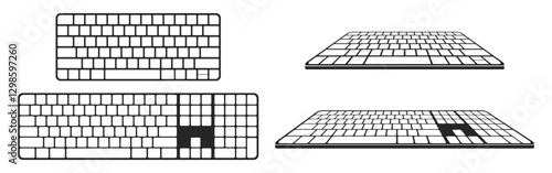 Keyboard icons at different angles. Computer technology tool keyboard isolated on transparent