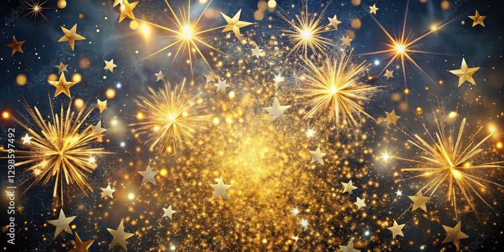 Naklejka premium Fireworks explosion in slow motion, golden confetti flying everywhere, explosion, stars, explosion