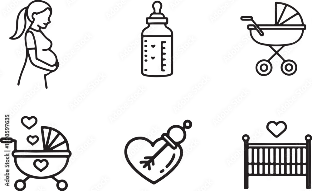 Naklejka premium Maternity editable flat stroke line art icon set, Outline of pregnant woman, baby stroller or carriage bed and more. Vector illustration on a white background.