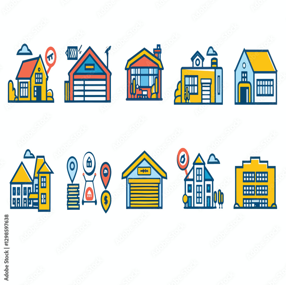 Fototapeta premium A set of real estate line icons including sale, warehouse, location, property types, and buildings.