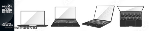 Computer laptop with blank screen isolated on transparent. Perspective laptop mock up different angles views