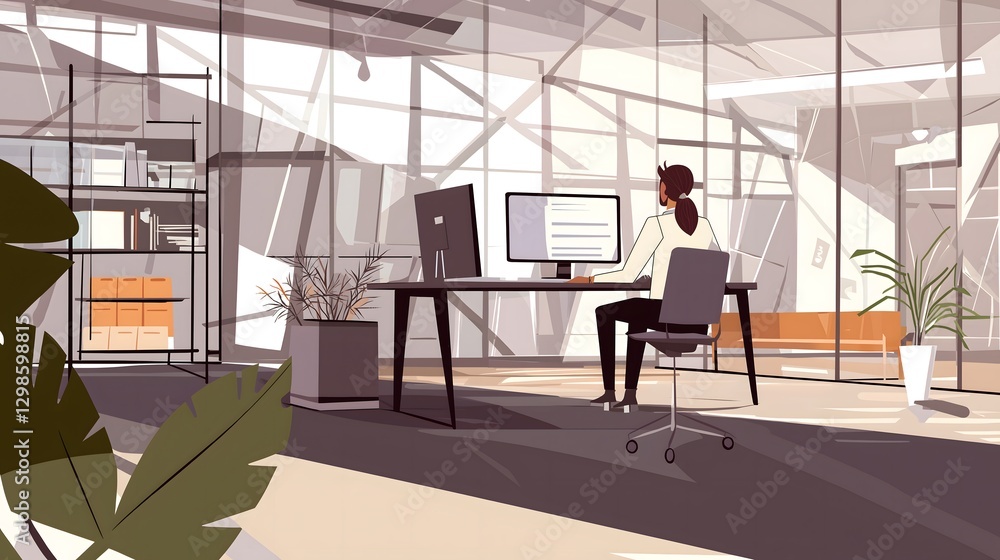Pixel Art 8-bit Retro Style Minimalist Modern Office with Person Working at Computer Desk amid Large Windows and Indoor Plants Digital Game Asset Contemporary Workspace Illustration Corporate Pixel Art 8-bit Retro Style Minimalist Modern Office with Person Working at Computer Desk amid Large Windows and Indoor Plants Digital Game Asset Contemporary Workspace Illustration Corporate