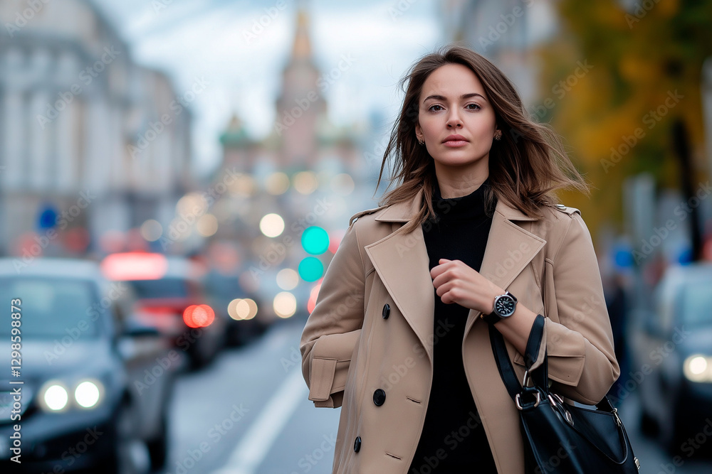 Fototapeta premium Stylish Russian businesswoman walking down street in chic trench coat. Confident and ambitious, she carries a leather business bag, embodying success and modern elegance.