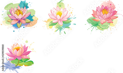Waterlily flower watercolor with color splash vector art set design 