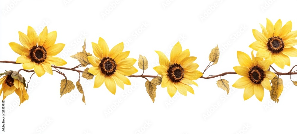 Naklejka premium Beautiful Sunflower Arrangement with Leaves on a White Background