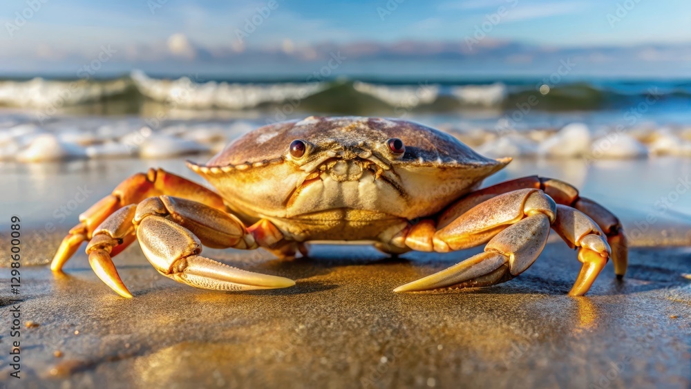 Close-up of a whole Dungeness crab shell with legs exposed on a sandy beach at low tide, ocean creature Close-up of a whole Dungeness crab shell with legs exposed on a sandy beach at low tide, ocean creature