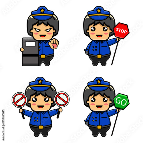 Cute Police Officer Character Set: Kawaii Illustrations of Policeman with Stop/Go Signs and Riot Shield