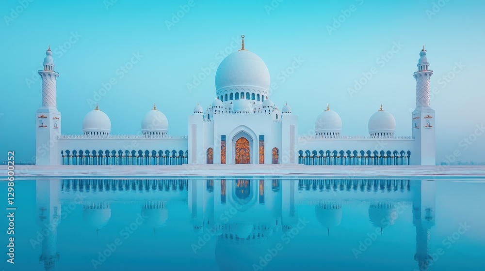 Obraz premium Modern Islamic Mosque with Glass Domes and Steel Minarets Reflecting Water