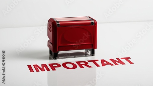 A red stamp rests on a surface, emphasizing the word 