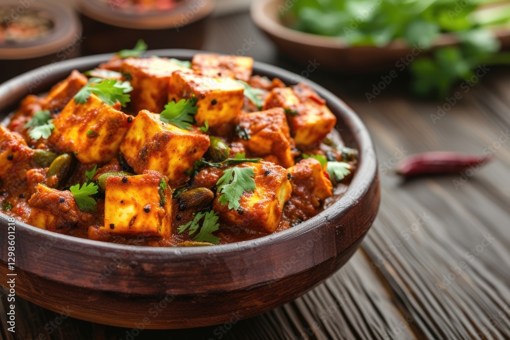 Indian Mutter paneer dish with spices on the wooden background Indian Mutter paneer dish with spices on the wooden background