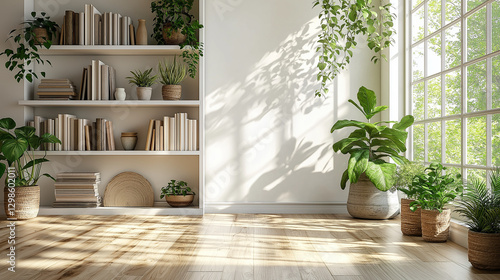 窓辺の植物と本棚