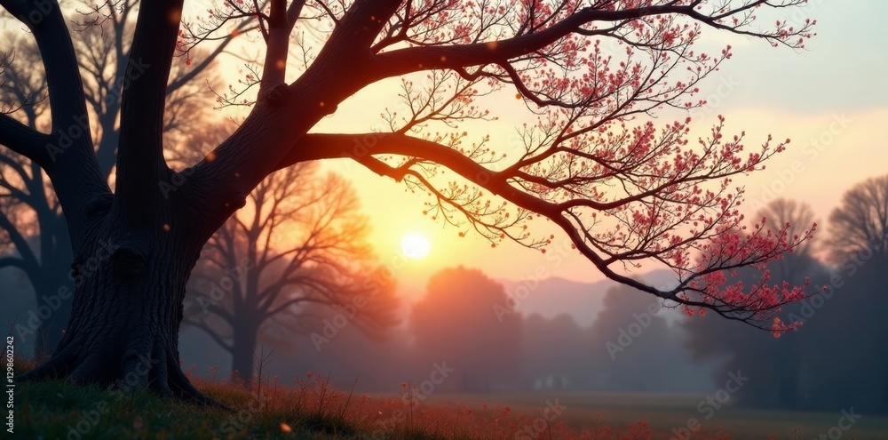 Obraz premium Stark branches, pale bark, soft evening light Early spring oak silhouette , dusk, botany