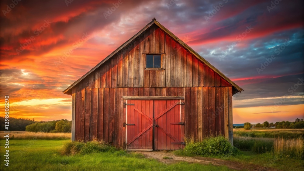Obraz premium Old farm barn in the countryside with a rusty red color and a wooden door at dusk, village , rustic, village , rustic,wooden,rusty,old,rural
