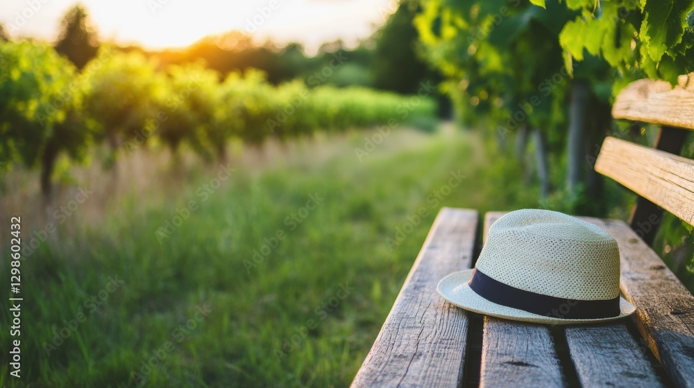 Fototapeta premium Wedding vineyard ceremony a single hat left on a bench