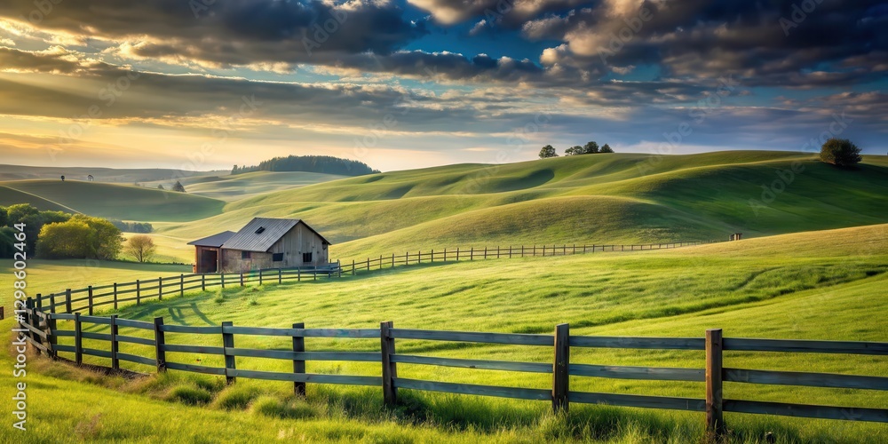 A serene landscape of rolling hills with a wooden fence and a lone farmhouse in the distance, hills A serene landscape of rolling hills with a wooden fence and a lone farmhouse in the distance, hills