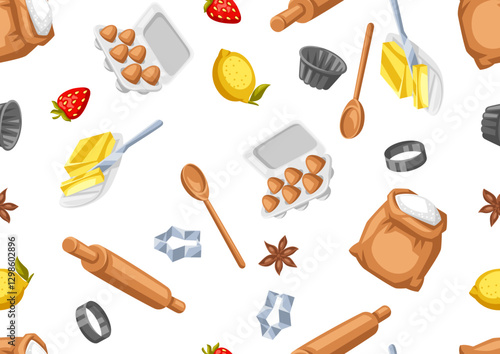 Pattern with bakery utensils. Cooking tools for home and recipe items.