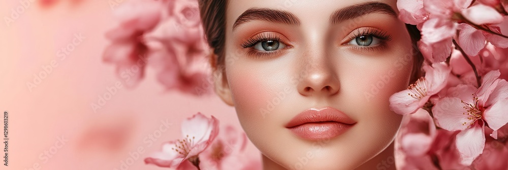Fototapeta premium Captivating beauty portrait with floral backdrop showcasing skincare elegance
