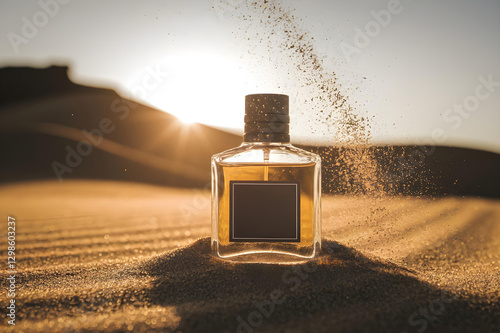 Obraz na płótnie A rugged men’s cologne bottle mockup half-buried in golden desert sand with the sun setting behind it. Wind swirls sand around, highlighting the fragrance’s raw masculinity and adventure w salonie