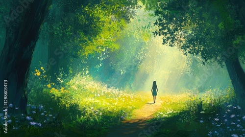 Woman Walking Sunlit Forest Path - Whimsical illustrations