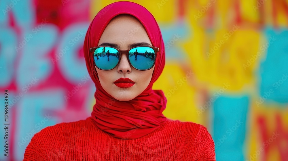 Stylish Muslim Woman in Hijab with Reflective Sunglasses Against Colorful Background Stylish Muslim Woman in Hijab with Reflective Sunglasses Against Colorful Background