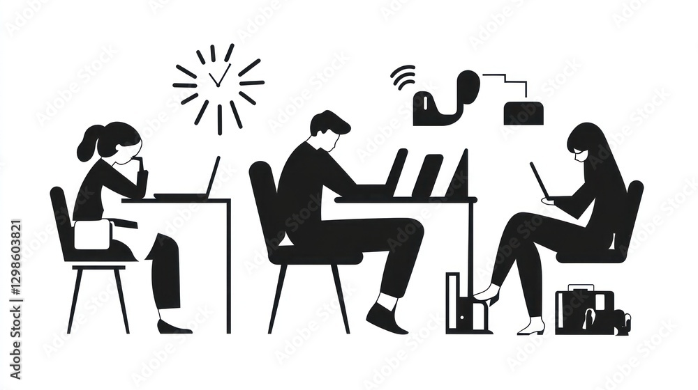 Silhouettes of people working at desks, modern office. Possible use for workplace illustration Silhouettes of people working at desks, modern office. Possible use for workplace illustration