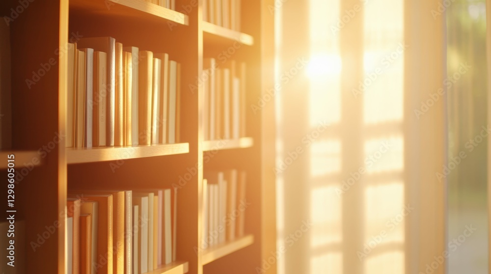 Fototapeta premium Row of bookshelves with golden sunlight pouring through large windows, illuminating the spines of the books,
