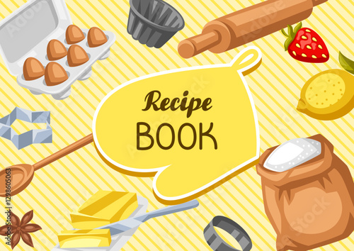 Cookbook of recipes. Background with bakery utensils.