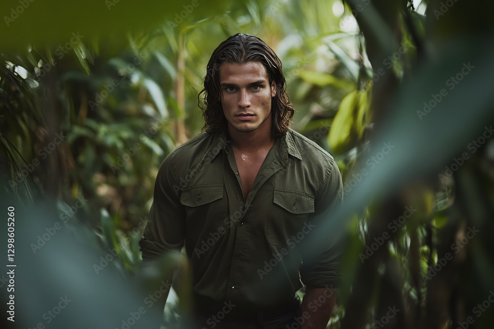 Man in the Jungle: A mysterious and handsome man with long brown hair emerges from a lush green jungle, his intense gaze captivating the viewer. Man in the Jungle: A mysterious and handsome man with long brown hair emerges from a lush green jungle, his intense gaze captivating the viewer.