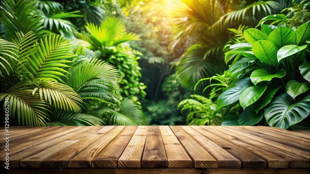 Dense foliage and vibrant greenery spread across a large wooden table, wood, lush, wood,lush, greenery Dense foliage and vibrant greenery spread across a large wooden table, wood, lush, wood,lush, greenery