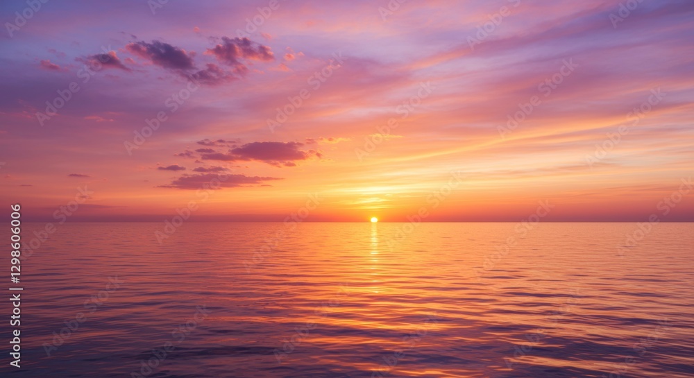 Fototapeta premium Sunset Serenity: The sun dips below the horizon, painting the sky with hues of orange and purple as it casts its golden rays over the tranquil water, embodying the peace and beauty of a seaside vista.