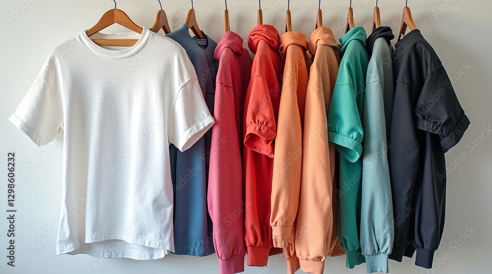A row of shirts hanging on a rack, including white, red, blue, green, and black A row of shirts hanging on a rack, including white, red, blue, green, and black