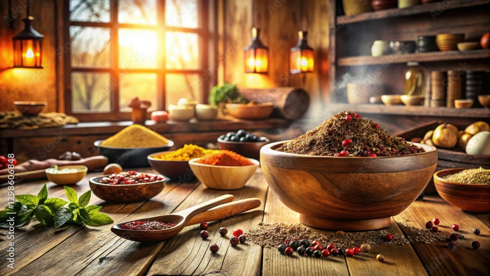 Fototapeta premium Aromatic spice blend scattered around a large wooden bowl on a rustic kitchen counter with golden light filtering through the window