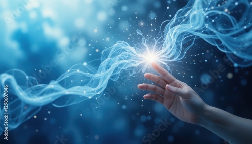 Close-up hand touching hologram in ethereal blues