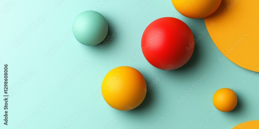 Arrangement of colorful spheres and a disc on pastel background Arrangement of colorful spheres and a disc on pastel background