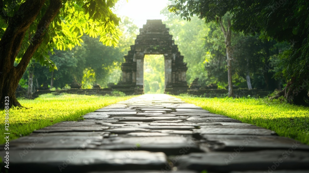 Serene pathway leading to ancient stone gate in lush green forest Serene pathway leading to ancient stone gate in lush green forest