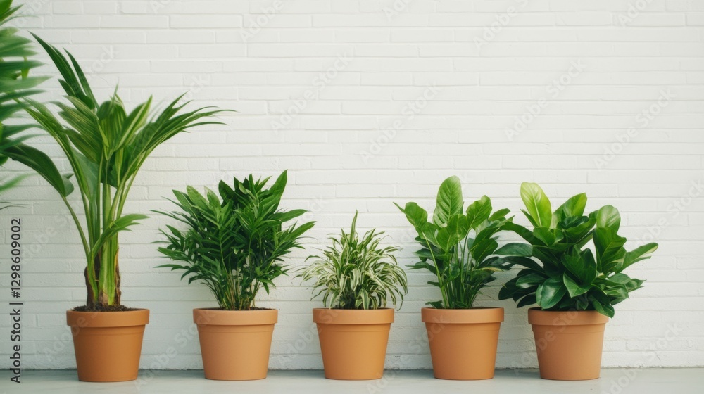 Obraz premium Indoor greenery display with potted plants against white brick wall for home decor inspiration