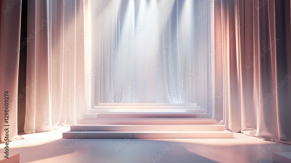 Fototapeta premium A minimalist stage with white steps and flowing curtains, ideal for presentations or events.