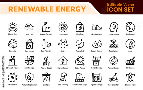 Renewable Energy Icon Set. A dynamic collection of icons showcasing sustainable energy solutions, perfect for environmental projects, educational materials, and green technology applications.