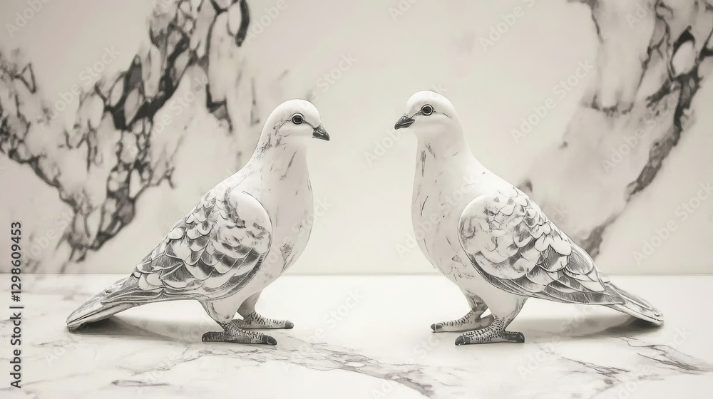 Obraz premium Delicately crafted white dove sculptures were positioned on a smooth stone base, signifying love, peace, and harmony, amidst soft natural lighting and a blurred image of an indoor plant in the