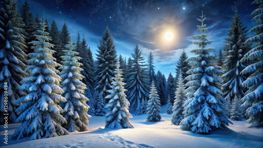 Naklejka premium Softly glowing moonlight illuminates a serene winter forest scene with snow-covered trees and towering fir branches against a dark sky , forest, snow