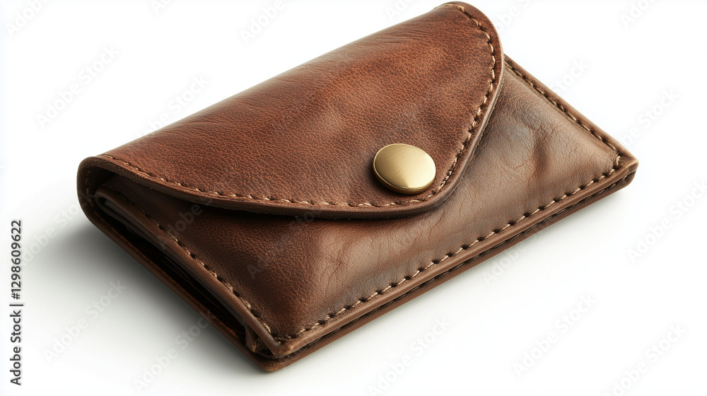 Sleek brown leather wallet with gold-tone button closure, perfect for stylish and practical everyday use on a white background Sleek brown leather wallet with gold-tone button closure, perfect for stylish and practical everyday use on a white background