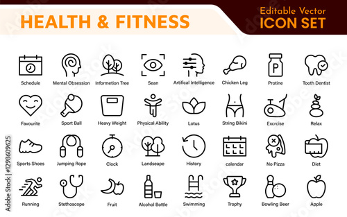 Health and Fitness Icon Set. Vector Icons for Exercise, Wellness, Nutrition, Gym, Yoga, and Healthy Lifestyle