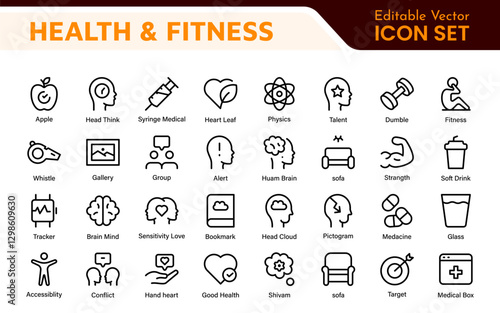 Health and Fitness Icon Set. Vector Icons for Exercise, Wellness, Nutrition, Gym, Yoga, and Healthy Lifestyle