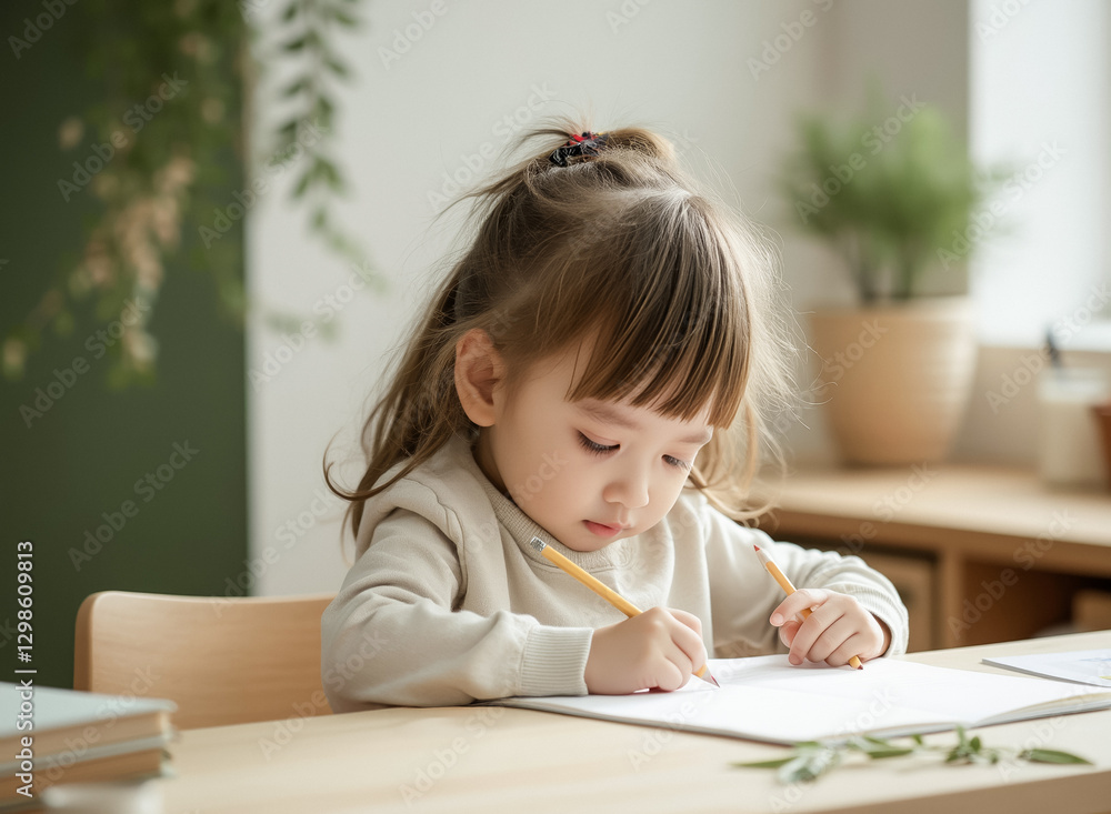 focused young girl intently draws with colored pencils at a wooden desk focused young girl intently draws with colored pencils at a wooden desk