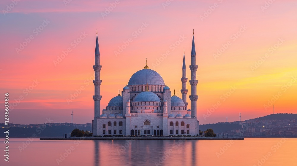 Obraz premium Majestic Sunset Over Silhouettes of Mosque Domes and Minarets